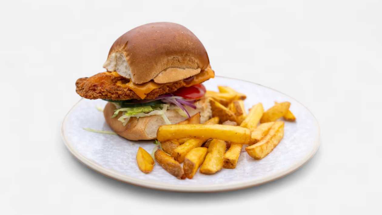 Burger with Crispy Chicken, Fries
