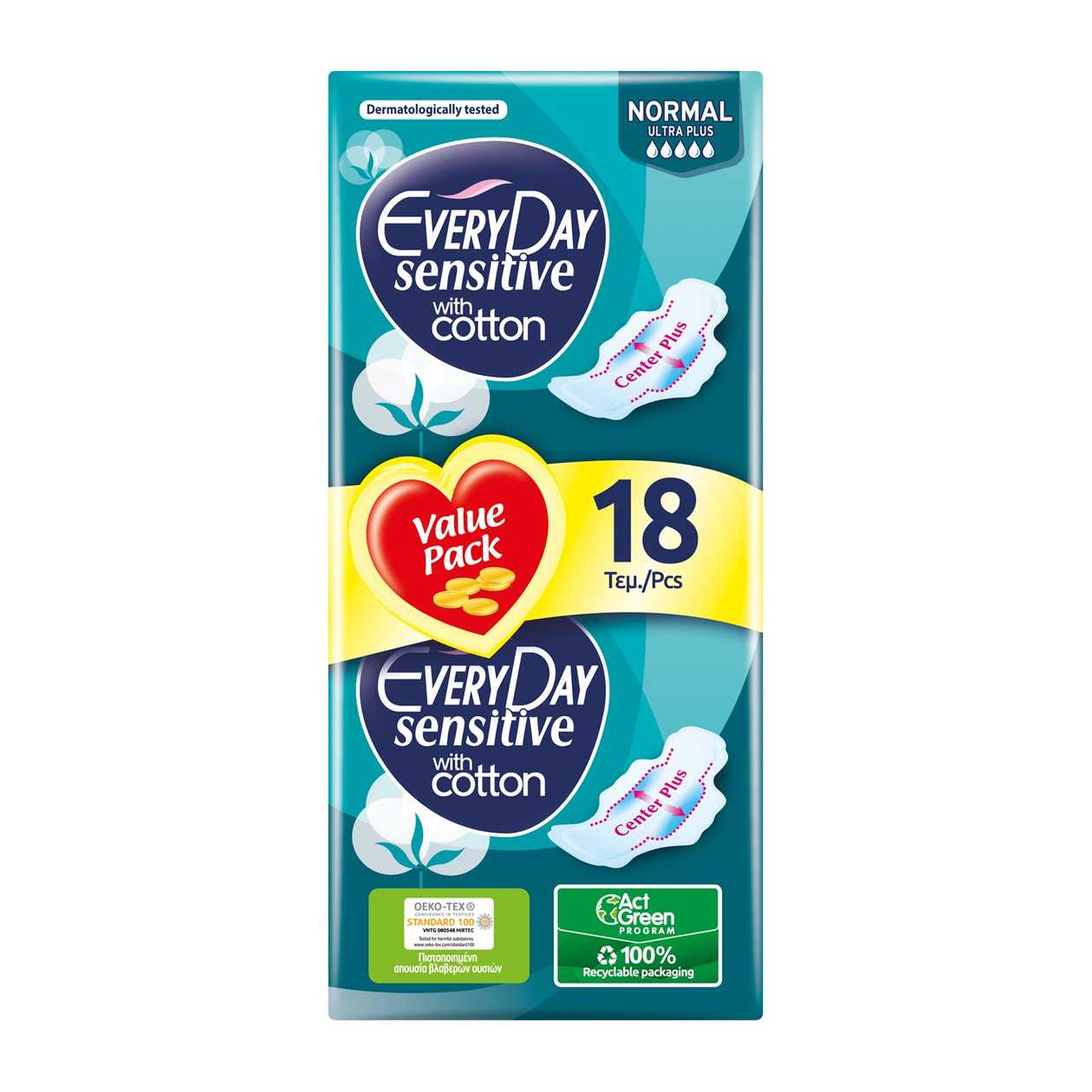 Σερβιετάκια Every Day Sensitive Με Βαμβάκι Normal Ultra Plus 18 Τεμάχια