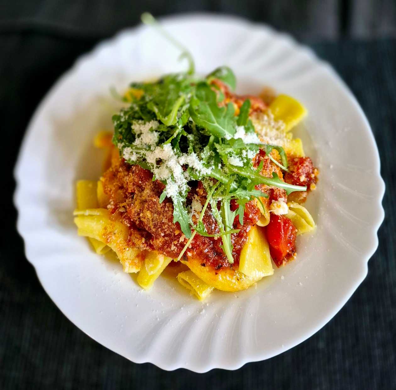 Fresh Italian Fusilli with Tuna, Olives, Pomodoro, Rocket and Parmesan