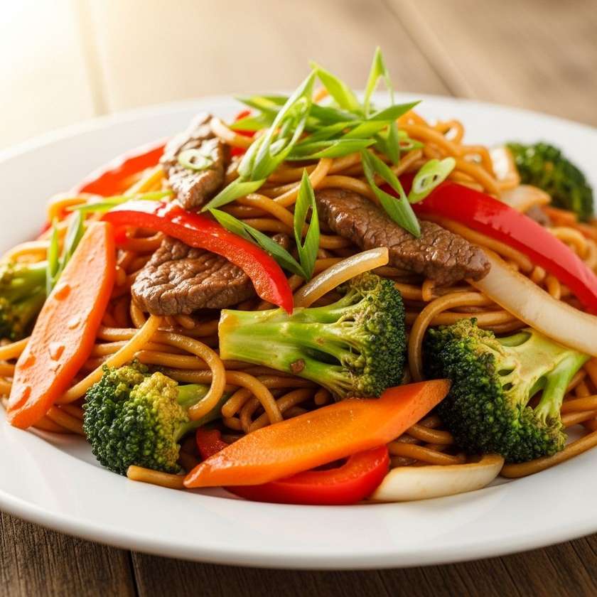 Baked noodles with meat a vegetables