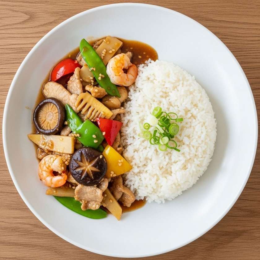 Eight treasures in hot sauce with rice