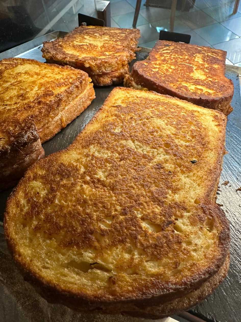 French toast with salami and cheese