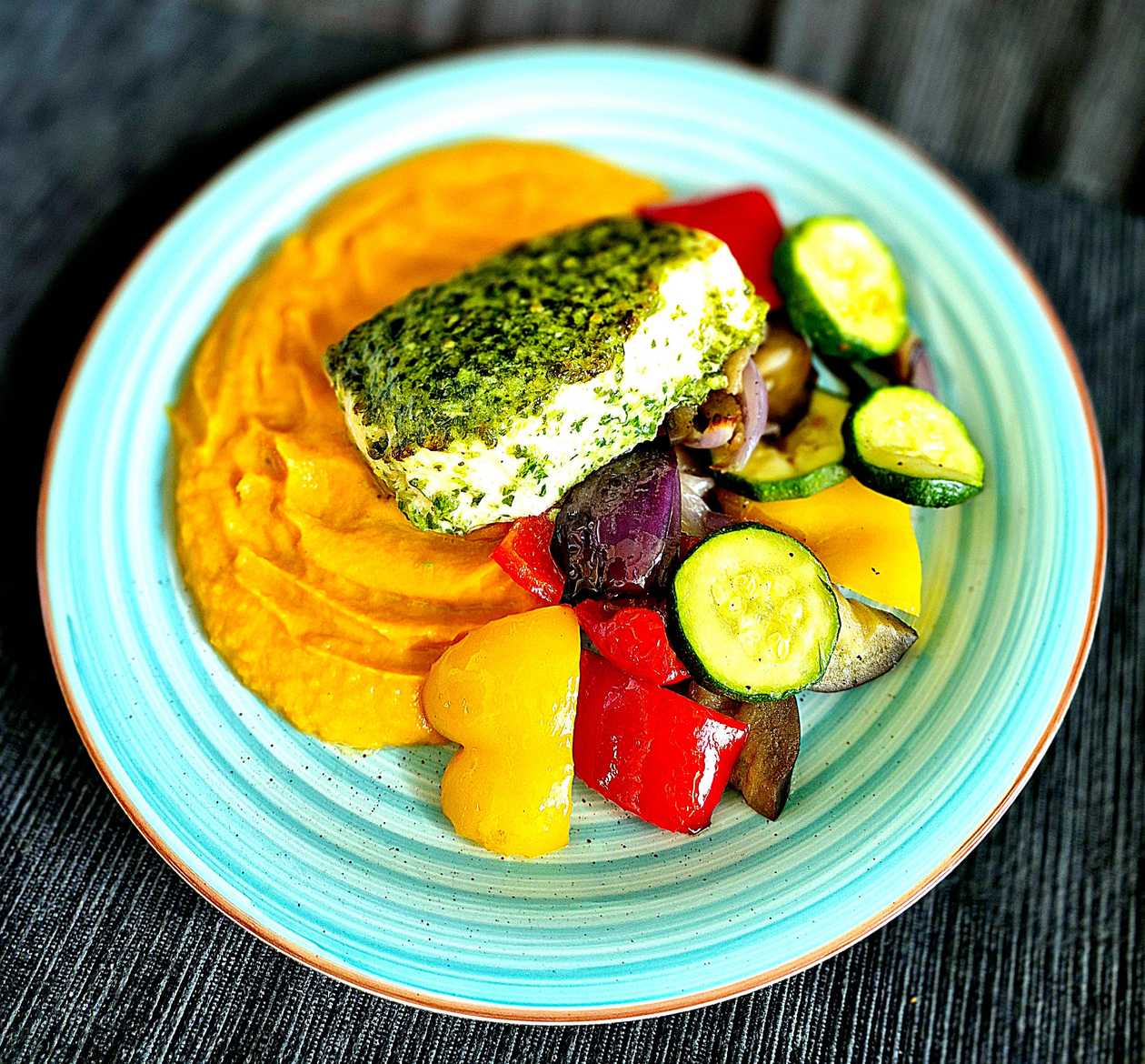 Butter Mackerel Baked in Basil Pesto with Pea Purée and Baby Spinach
