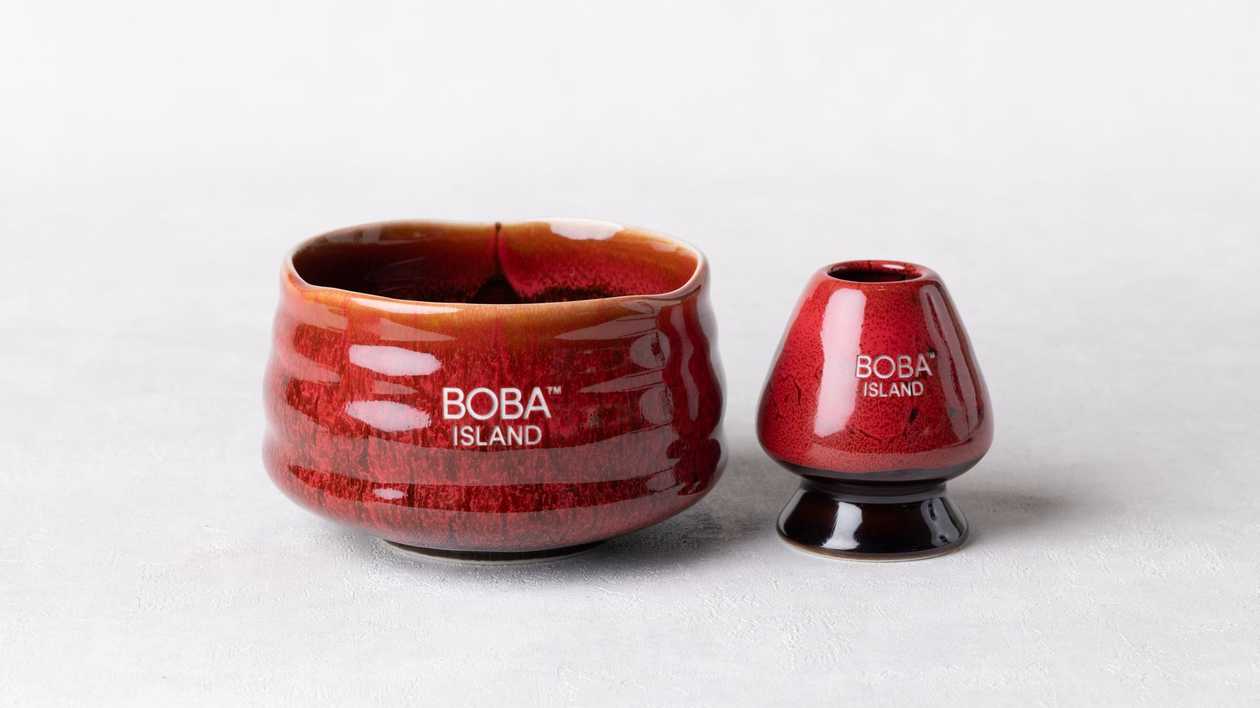 Red Matcha Bowl and Whisk Holder Set