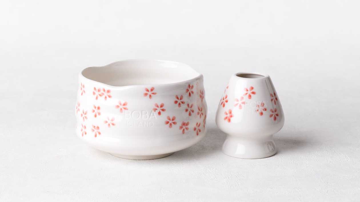 Pink Floral Matcha Bowl And Whisk Holder Set