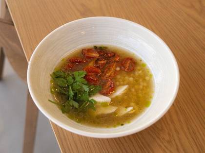 Chicken Soup with Ptitim and Vegetable Cream