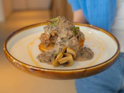 Braised Pork with Gratin and Mushroom Sauce