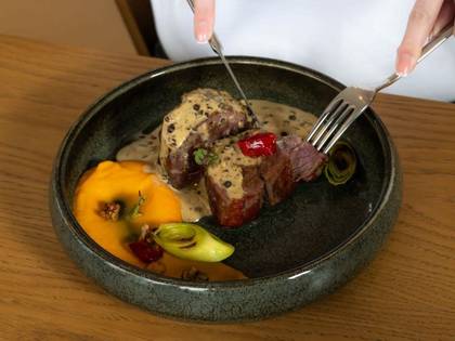 Pepper Steak with Sweet Potato Puree
