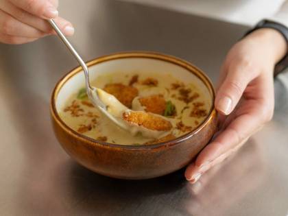 Cream of Cauliflower Soup with Chicken Fillet Katsu