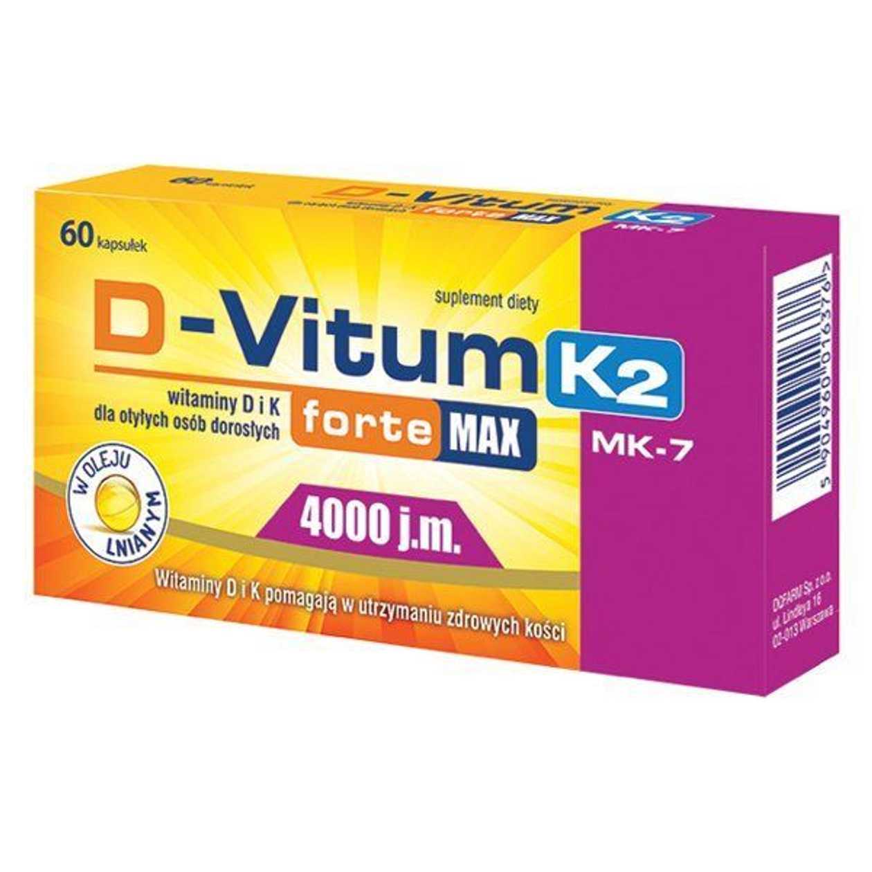 D-Vitum Forte Max 4000 j.m. K2 MK-7, Witaminy D i K dla otyłych osób dorosłych, Kapsułki (EN)