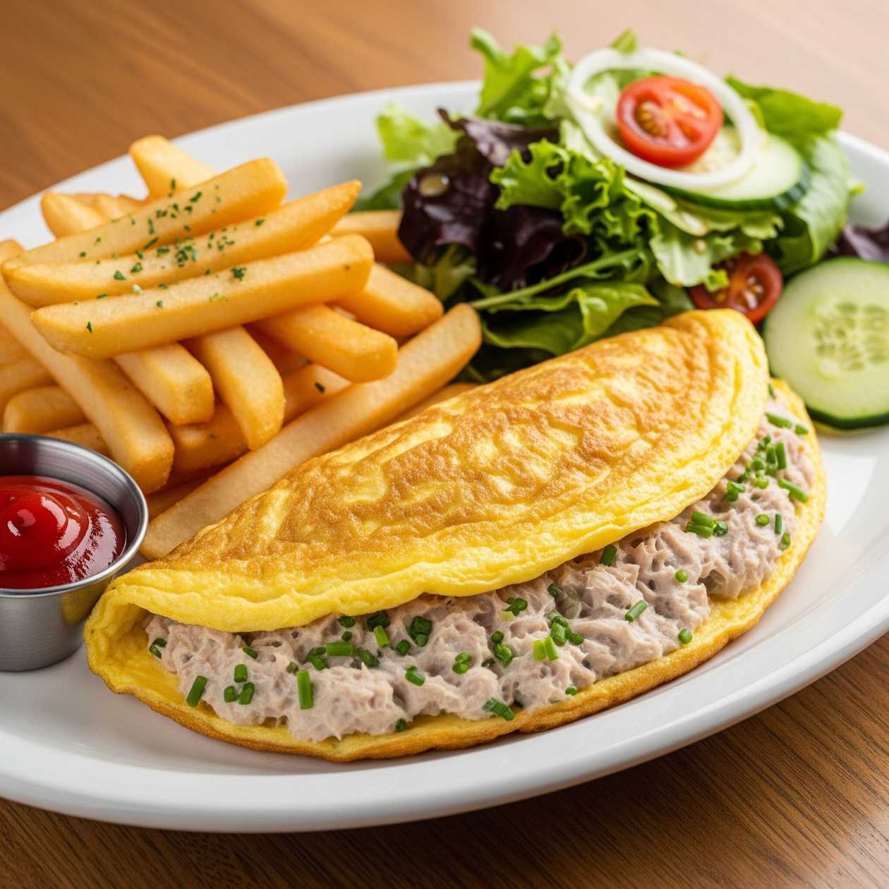 Tuna Omelette with Fries and Salad