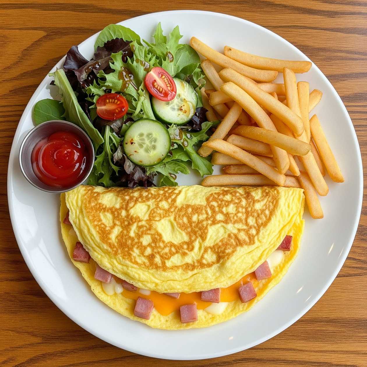 Mixed Ham and Cheese Omelette with Salad and Potatoes