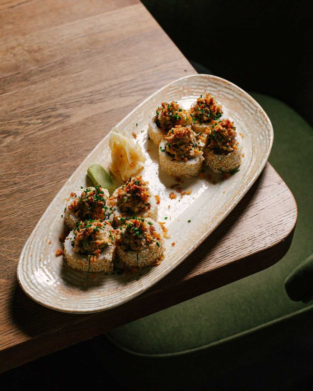 Eel, Tomago Omelet, and Philadelphia Roll in Sesame Seeds