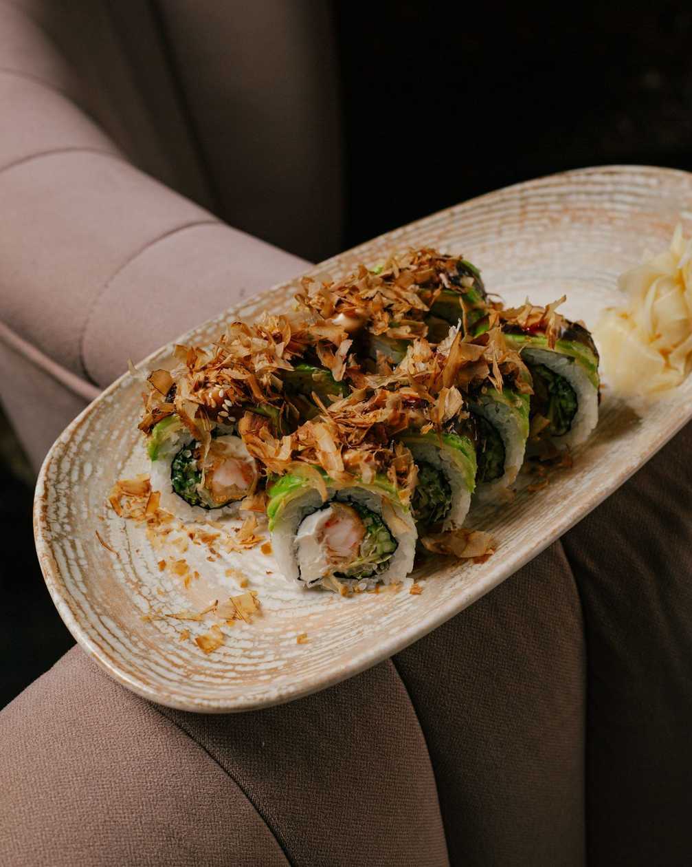 Tempura Shrimp Roll with Creamy Unagi Sauce and Bonito Flakes
