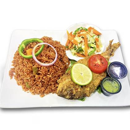 Red Fish Platter with Rice, Chips or Jollof