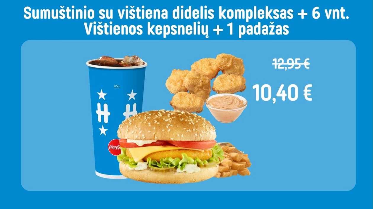 Sumuštinio su vištiena didelis kompleksas + 6 vnt. Vištienos kepsnelių ir 1 pasirinktas padažas.
