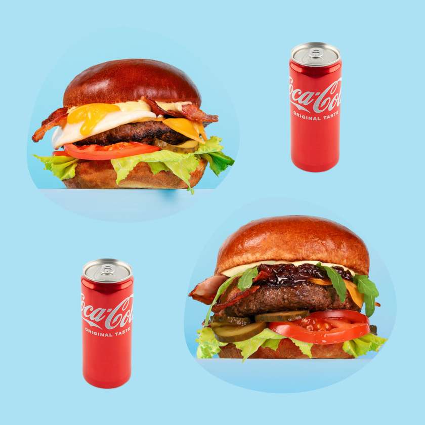Бургери американський +  з карамелізованою цибулею + 2 Coca-Cola 0.33