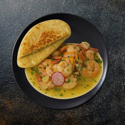 Shrimps in Wine and Garlic Sauce & Cypriot Pita Bread