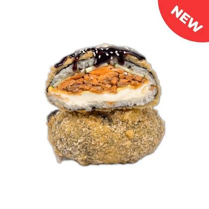 Sushi burger with fried salmon