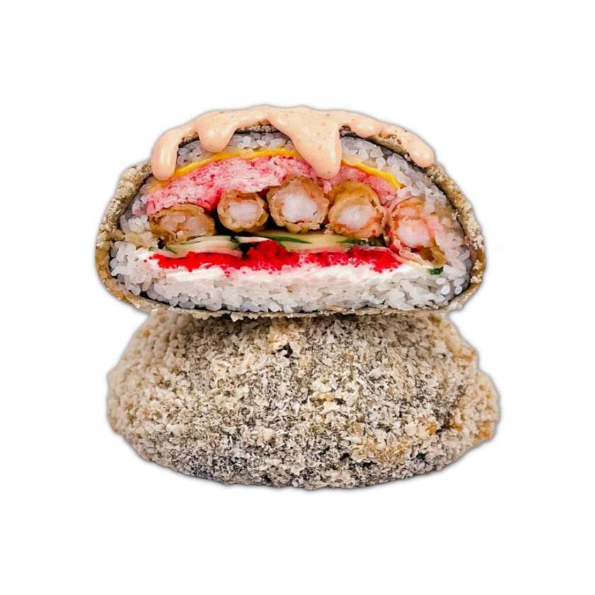 Sushi burger with shrimp and crab meat