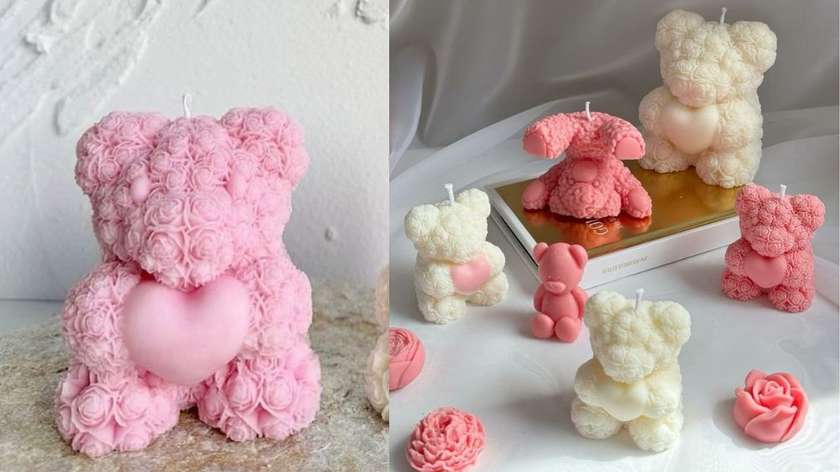 Teddy Bear with Flowers Organic Candle (Light Pink)