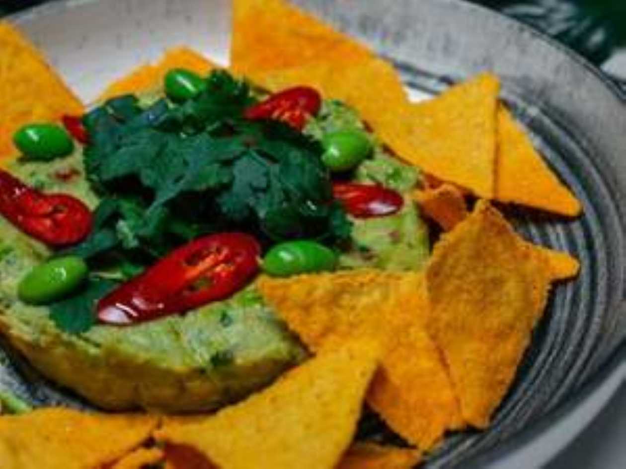 Guacamole with Nachos and Edamame Beans