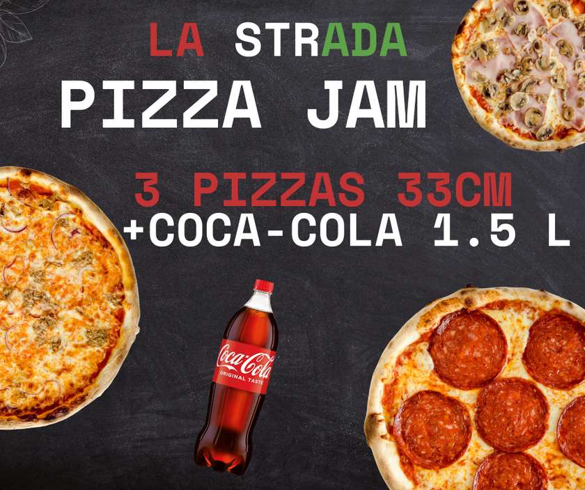 PIZZA JAM! 3 picas 33cm + Cola 1.5 L