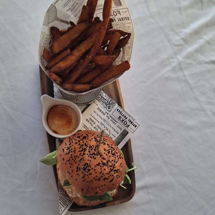 Salmon Burger with Sweet Potato Fries