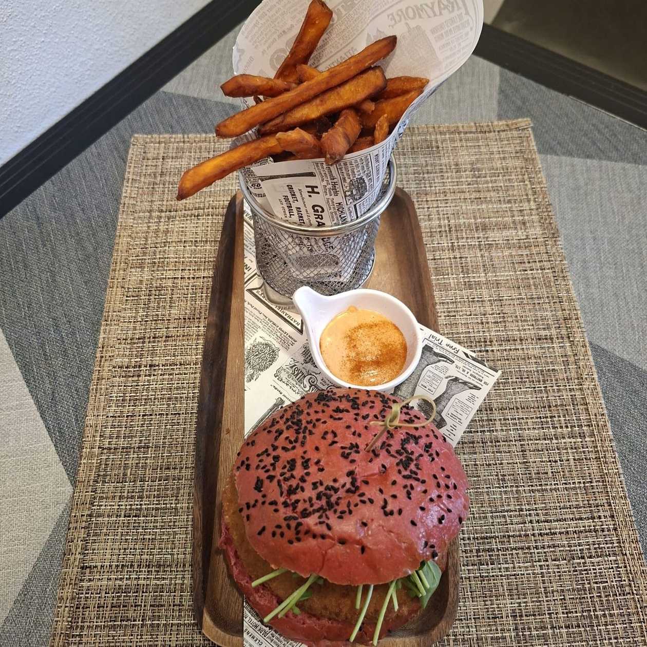 Vegetarian Burger with Sweet Potato Fries