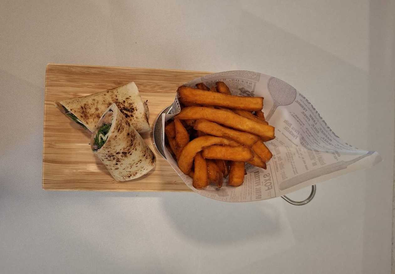 Smoked Salmon Wrap with Sweet Potato Fries