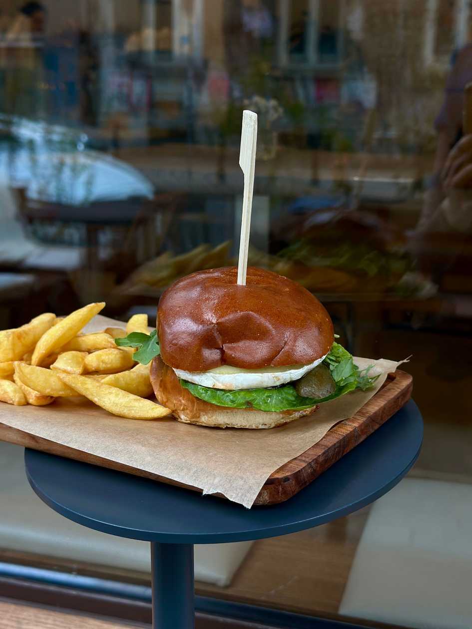 Vegan burger with tofu and fries