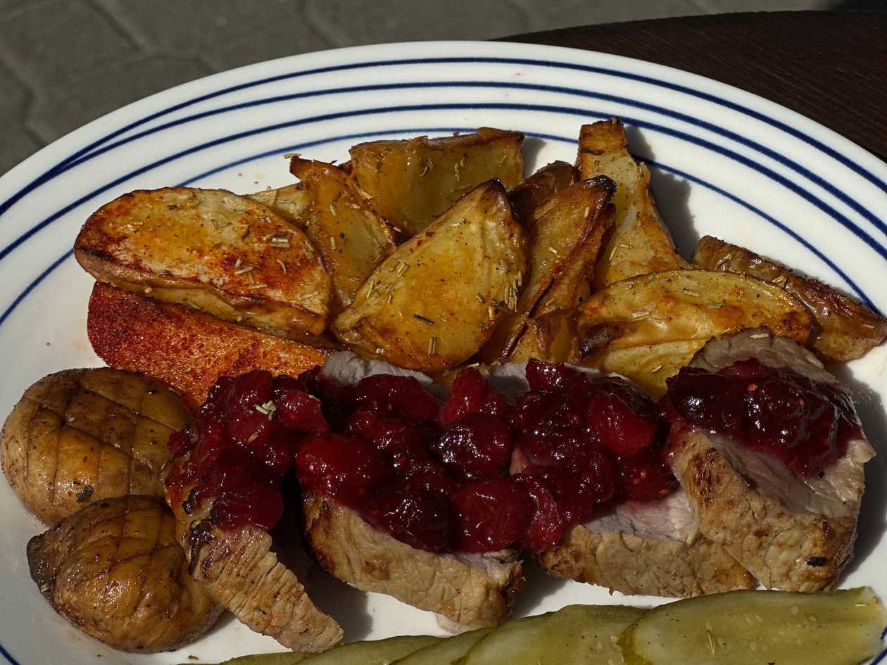 Pork Tenderloin with Cranberry Sauce and Roasted Potatoes