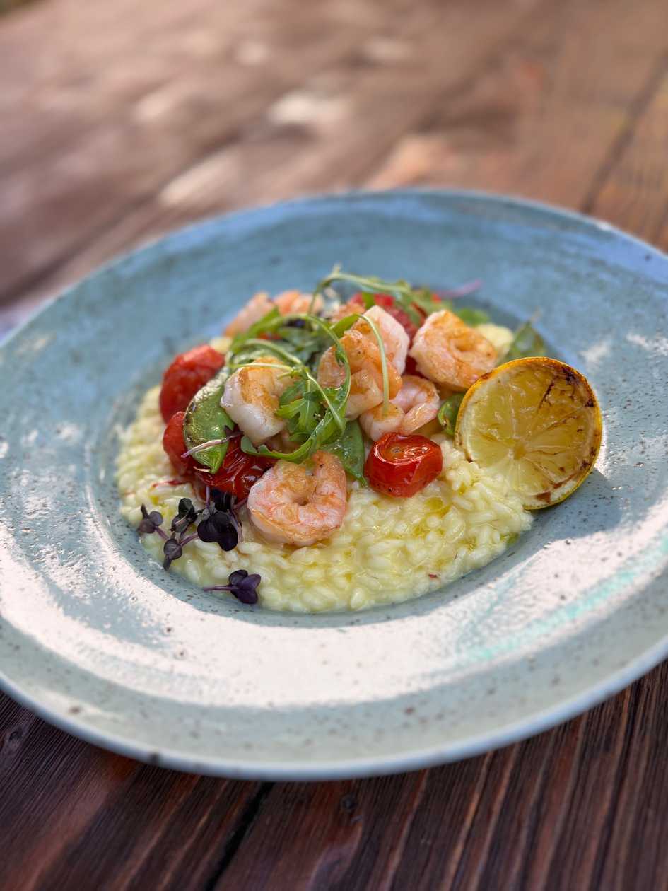 Saffron risotto with grilled shrimp