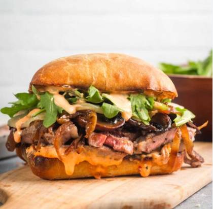 Grilled Steak in Olive Ciabatta Sandwich