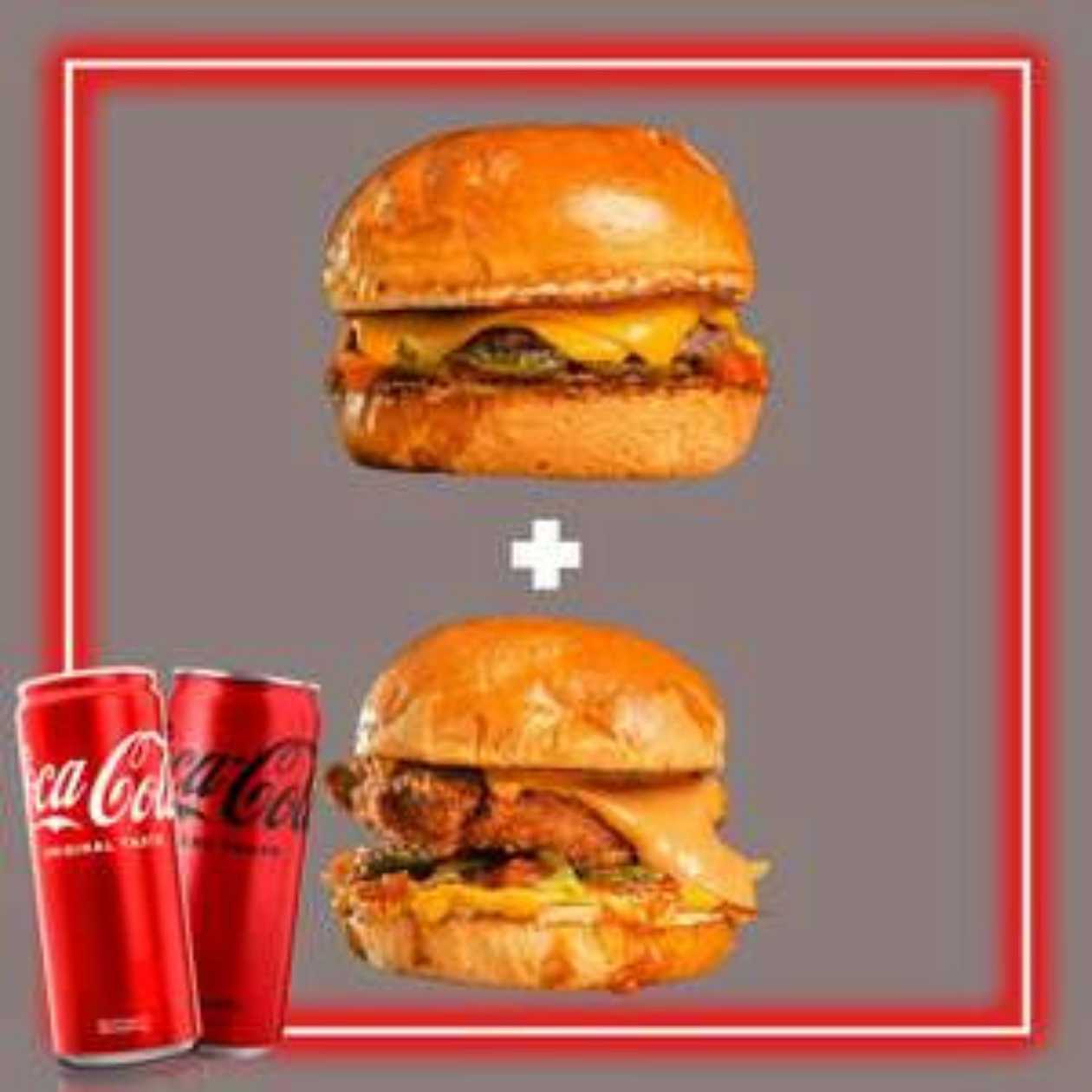 Cheeseburger + Crispy Chicken Burger + 2 Pcs. Coca-cola Drinks Of Your Choice