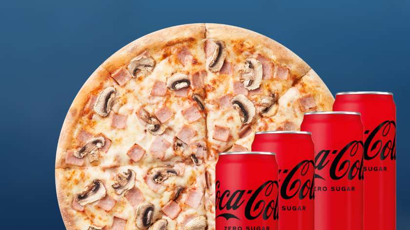 XL Ham & Mushrooms Pizza + 4 Coca-Cola Zero Drinks