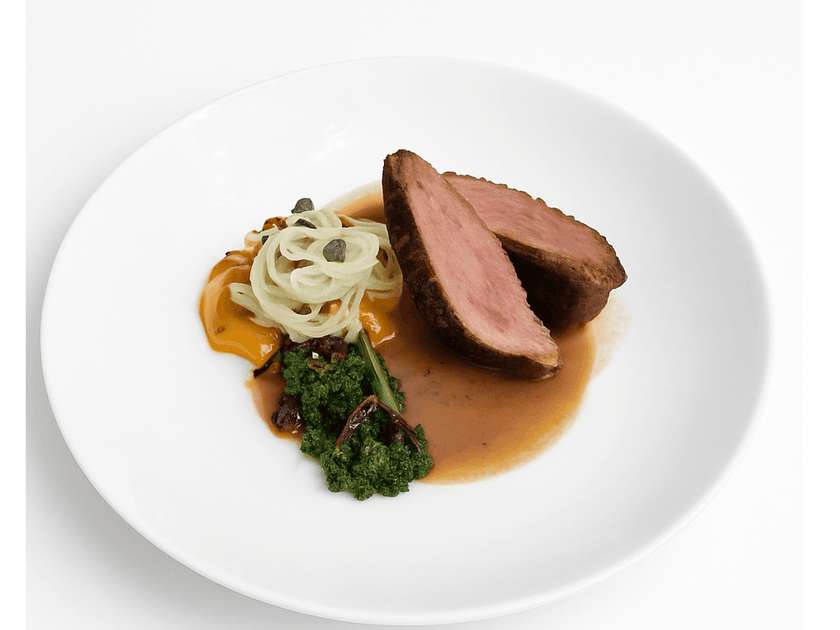 Fermented duck fillet with asparagus and green peas
