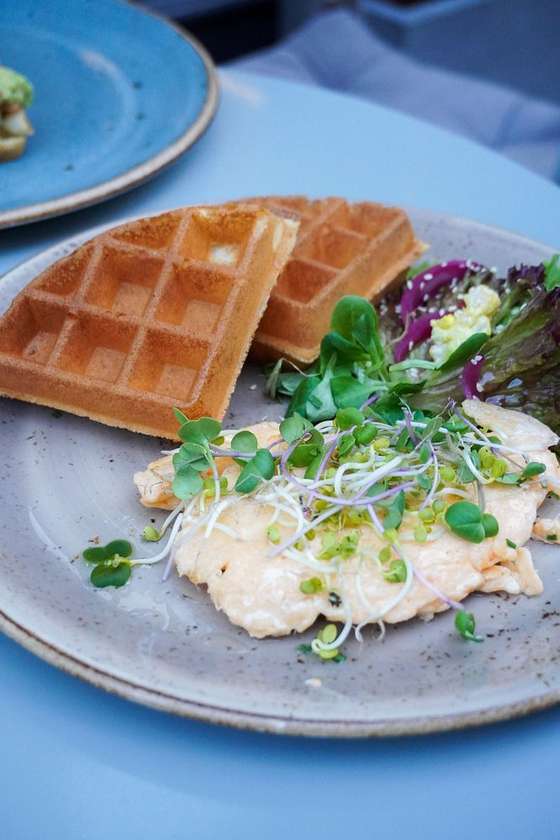 Egg scrambled with waffles