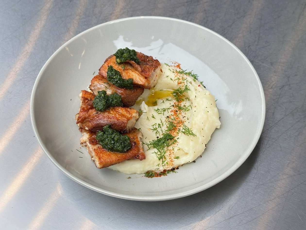 Chicken Fried Thighs w Green Jika and Mashed Potatoes