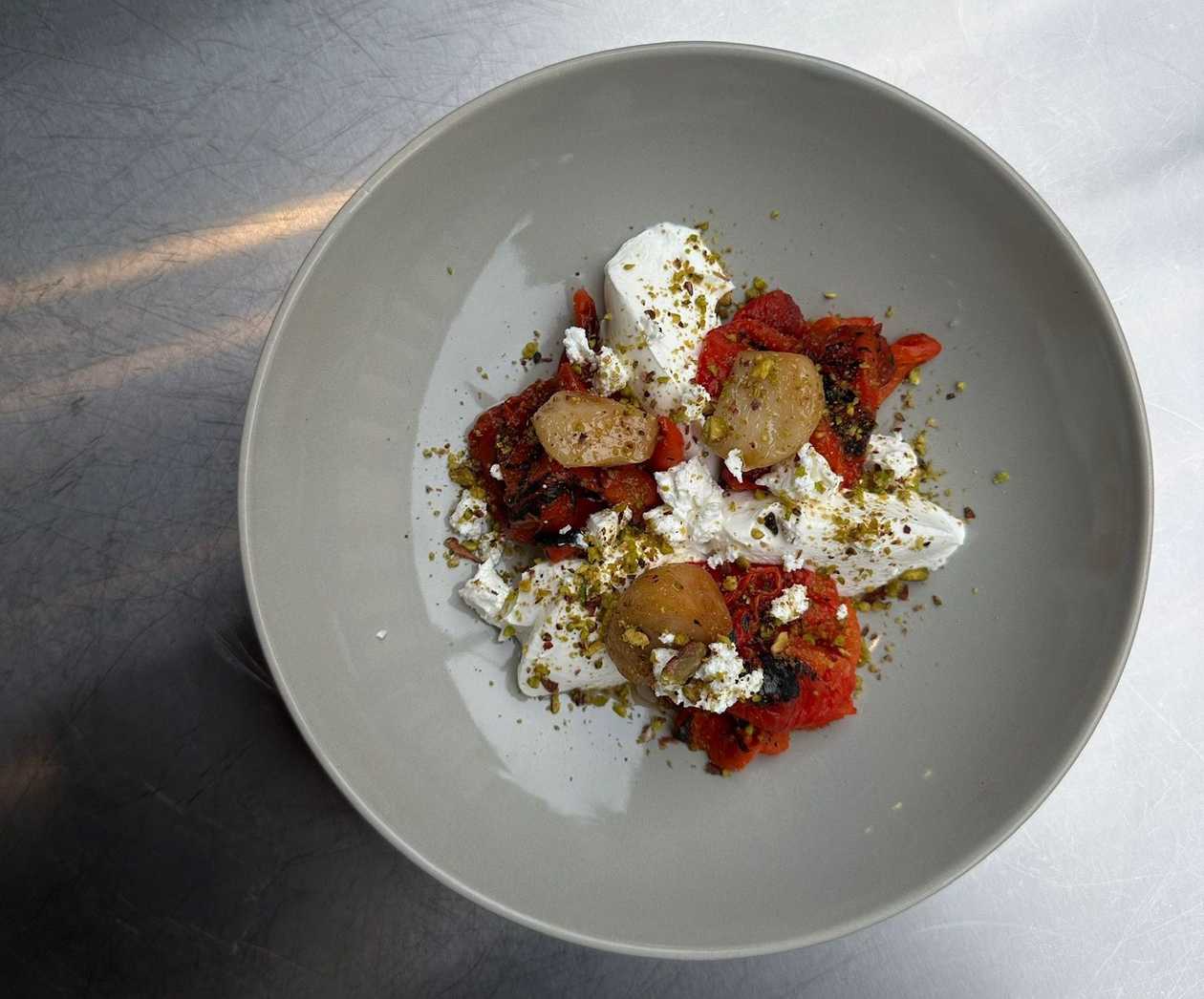 Roasted Bell Pepper w Labneh, Feta, Pistachio & Garlic Confit