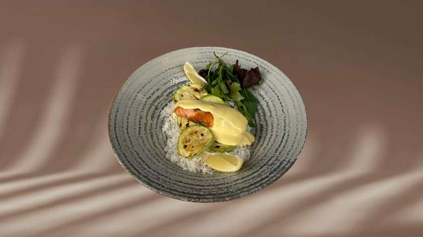Grilled Salmon Fillet with Basmati Rice, Zucchini, and Hollandaise Sauce