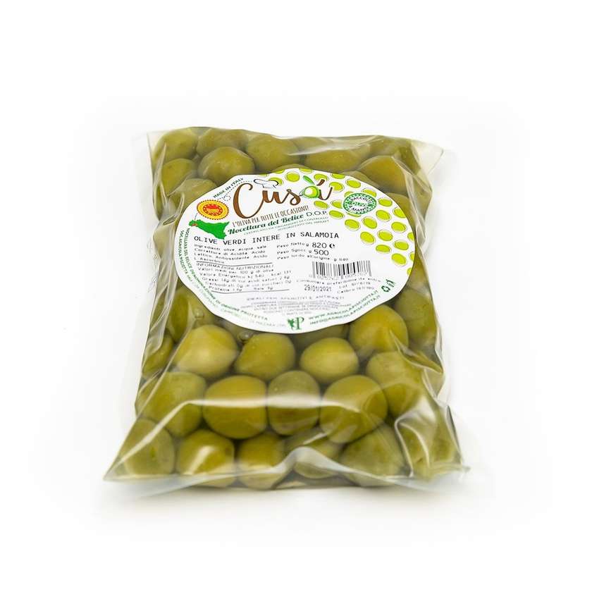 Green CUSA olives with pits. Nocellara del Belice D.O.P. in brine unsalted 300g vacuum packed.