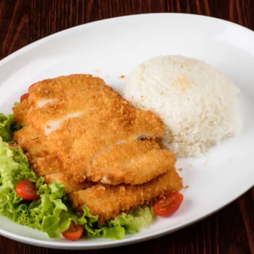 28B. Chicken Schnitzel in Panko Breadcrumbs, Salad, Sauce, Rice