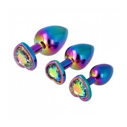Rainbow Kit Anal Plugs with Heart - Metal Plugs Set with Crystal