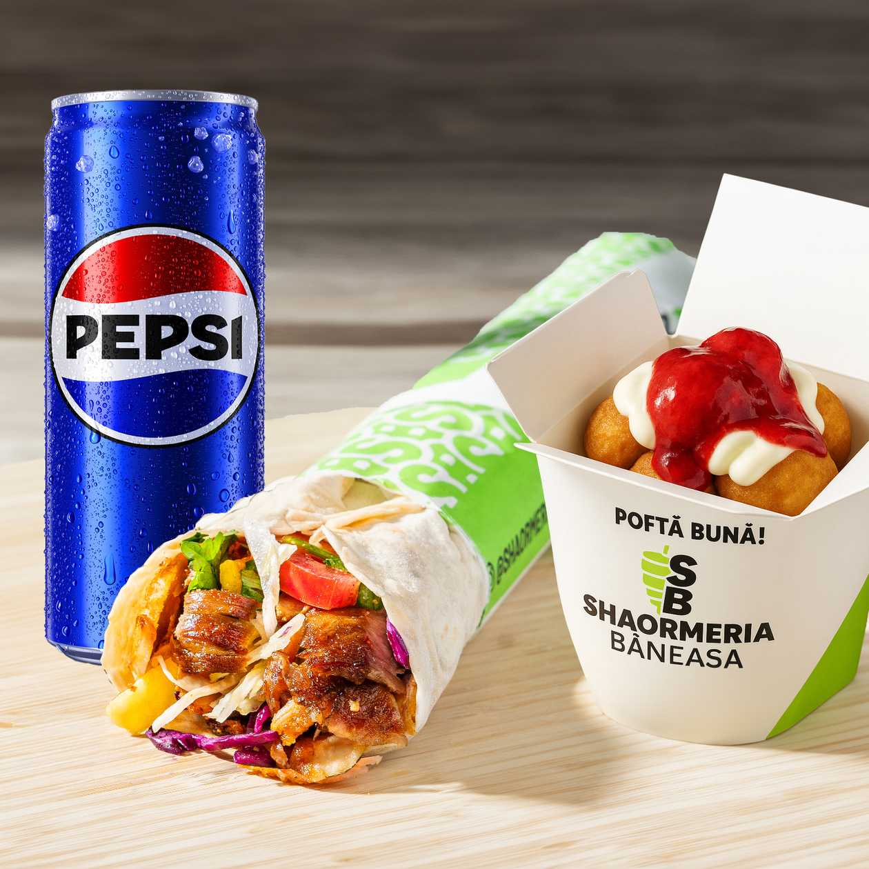 Meniu Shaorma Mix(pui-vita-curcan-oaie)cu Desert si Pepsi/Apa