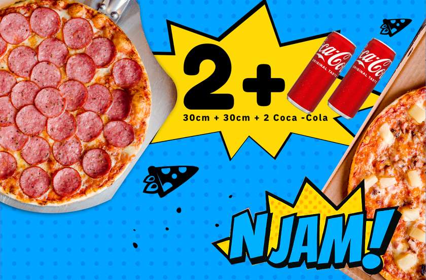 1+1+2 = Any pizza (30 cm) + Any pizza (30 cm) + 2 Coca-Cola 330 ml