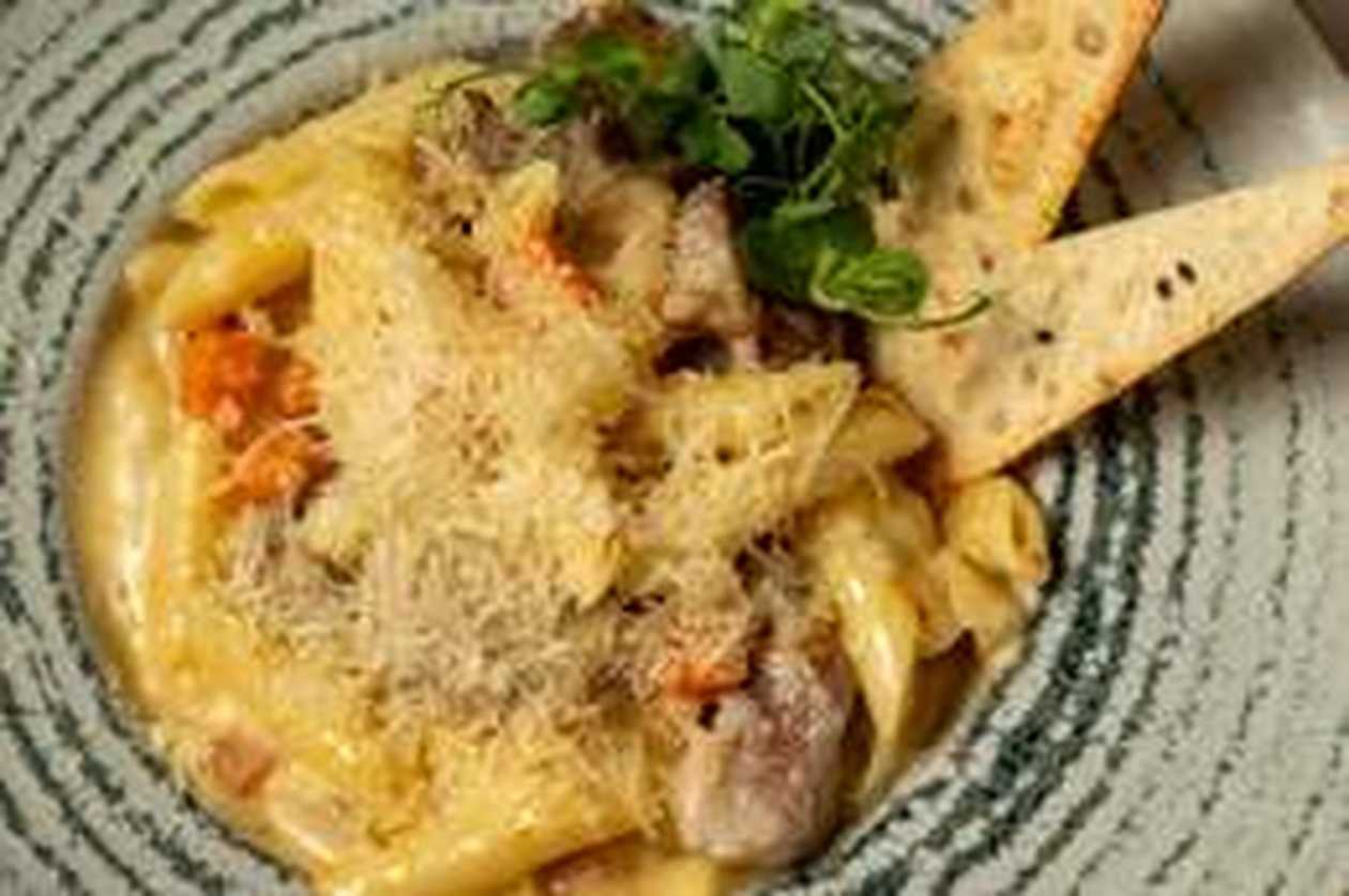 Penne Quattro Formaggi with Vegetables and Pork Tenderloin