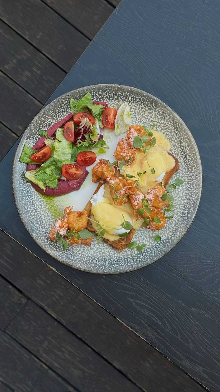 Eggs Benedict with Breaded Shrimp