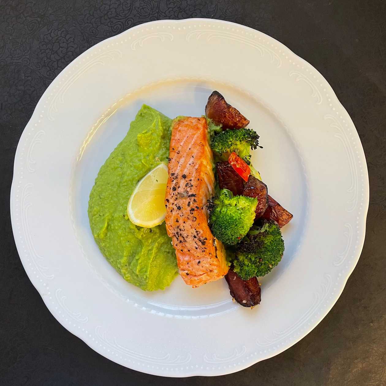 Red Fish with Green Pea Purée and Roasted Root Vegetables (N)