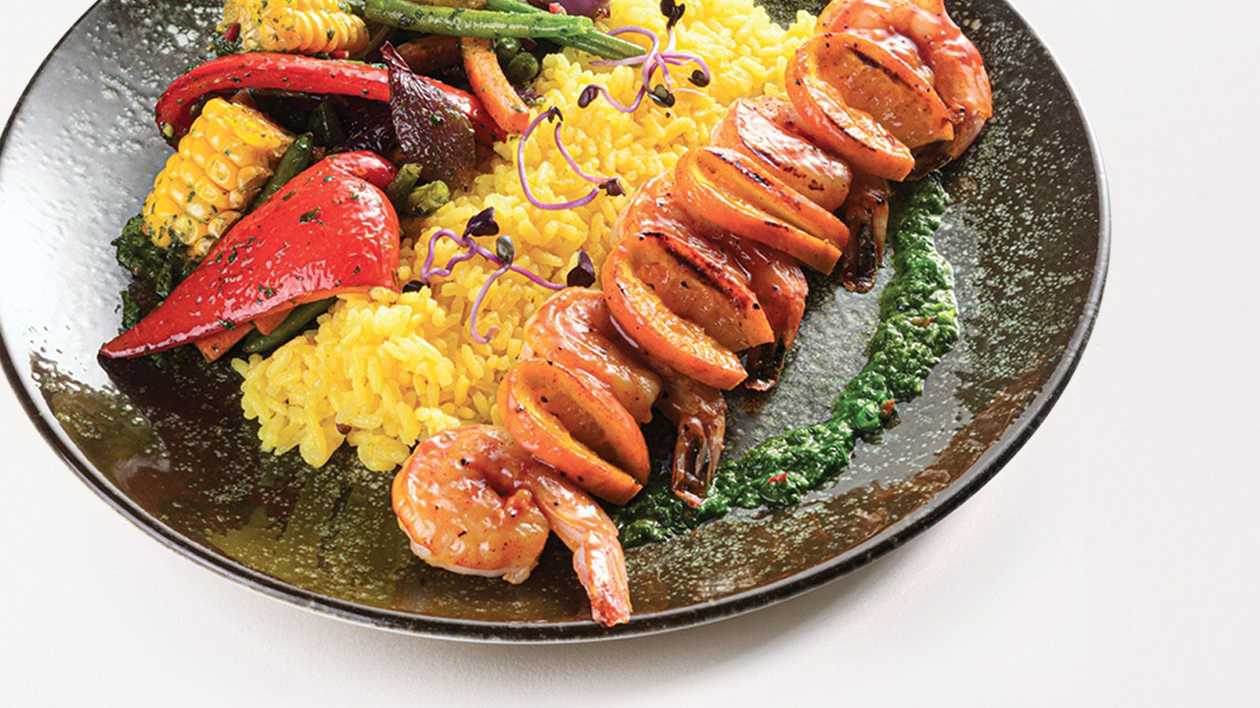 Mango glazed grilled tiger prawn skewer (5 prawns)